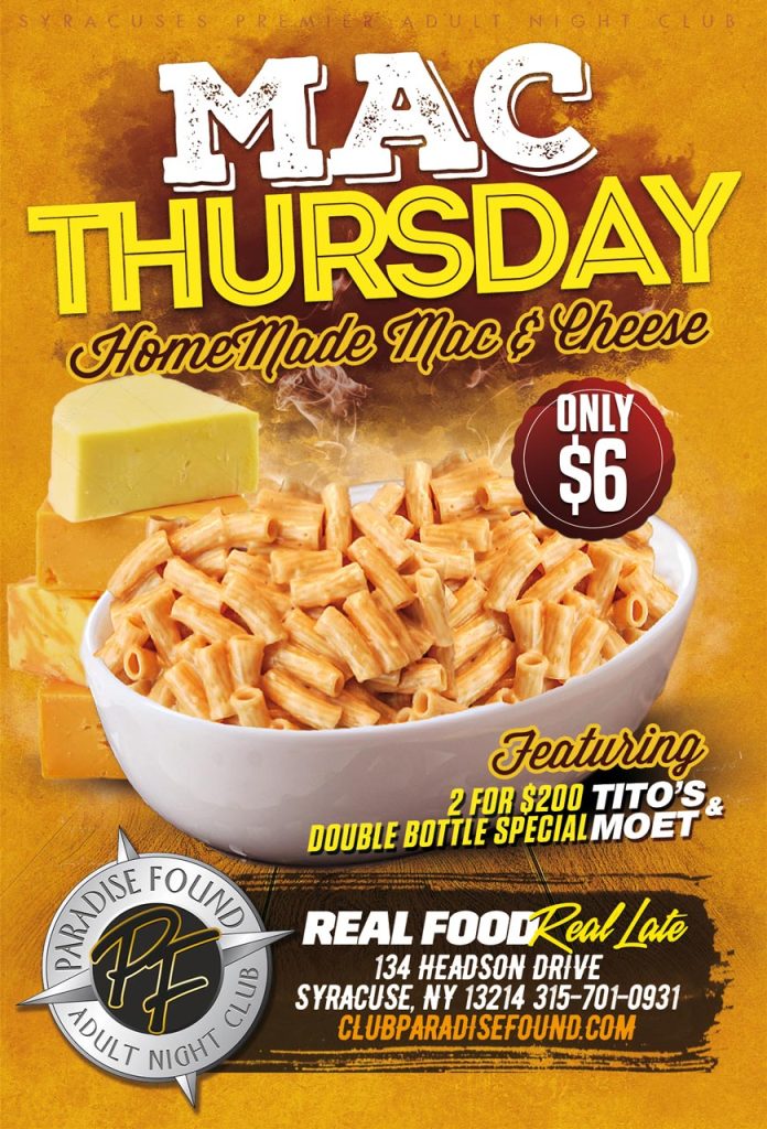 $6 Mac-n-Cheese Thursdays Paradise Found Syracuse